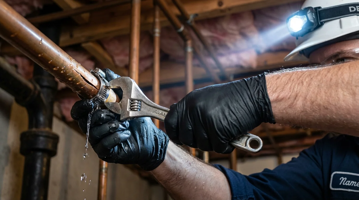 Emergency pipe clamp repair being performed by a Johns Plumbing LLC plumber in Carrollton