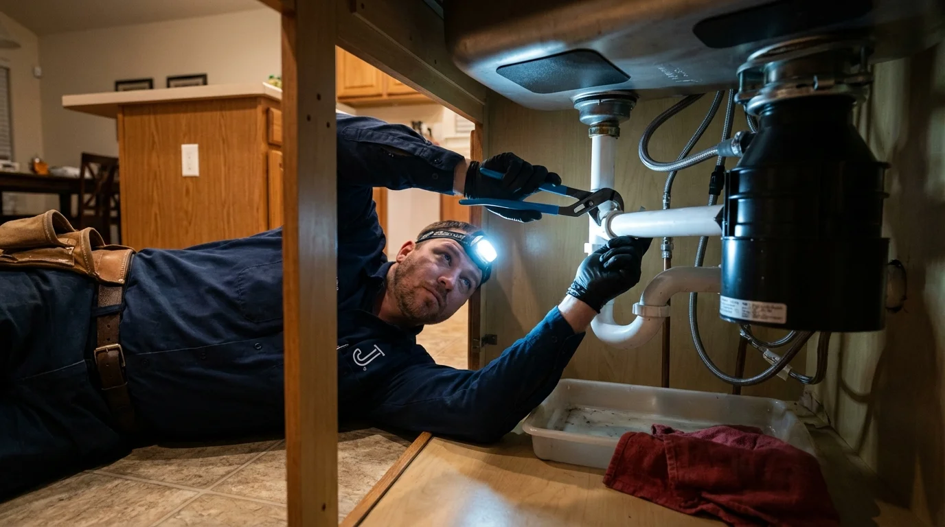 P-trap and supply line connections under a kitchen sink showing a common leak point in Carrollton, VA
